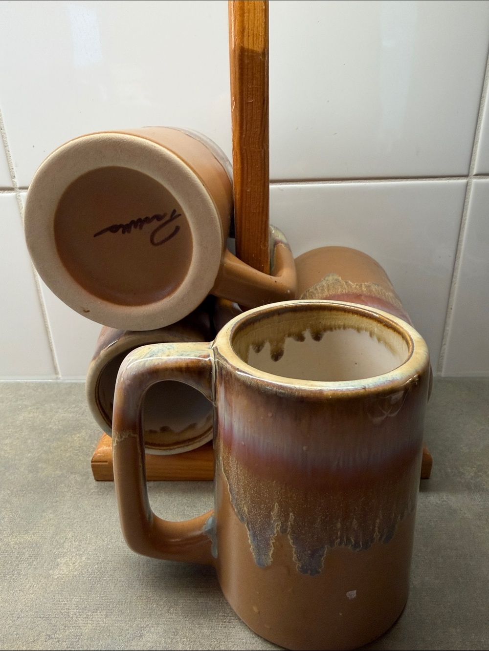 Rudolfo Pedilla Hand Made Ceramic Mug Set W/ Wood Tree Stand